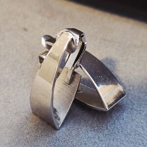 Modernist Silver Tone Flat Hoop Style Clip On earring Set Signed HJG